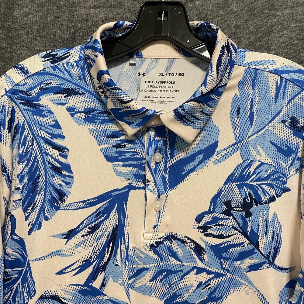 Under Armour Playoff Polo Shirt Mens XL Blue Pink Performance Golf Tropical Leaf